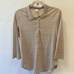 Poetry 100% Linen Quarter Button Striped 3/4 Sleeve Top Tan White Sz 2